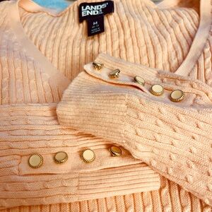 Lands' End Women's Peach V-Neck Cable Knit Sweater with Gold-Tone Buttons